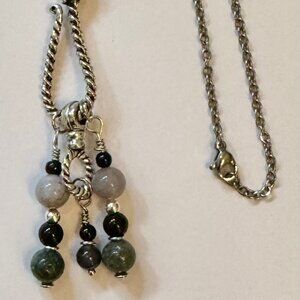 Necklace handmade 3 tier dangle silvertone gray green black beads & glass OOAK